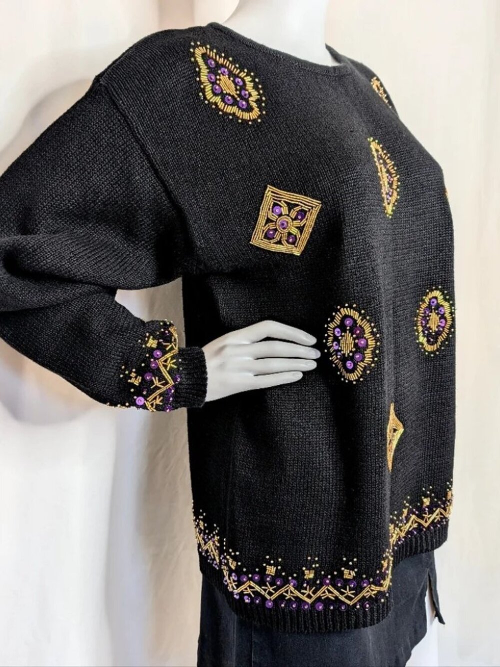 Vintage Marnie West Black Purple Beaded Sequin Sweater | L - Picture 4 of 12